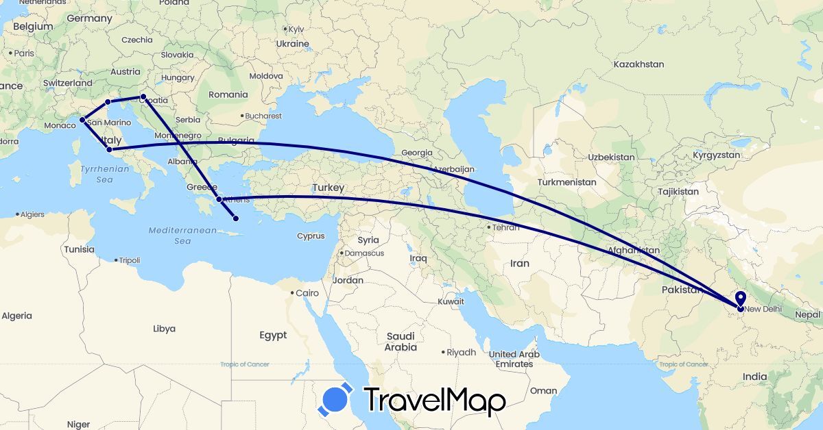 TravelMap itinerary: driving in Greece, Croatia, India, Italy (Asia, Europe)